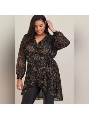 Torrid Chiffon Layered Tie Front Surplice Floral Tunic Blouse Size 5X